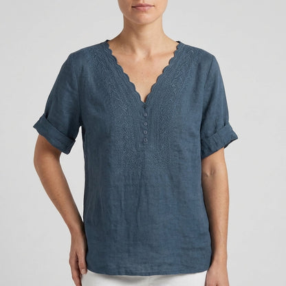 Women's Relaxed Fit V-Neck Blouse Embroidered Detail - 
Fashinoza