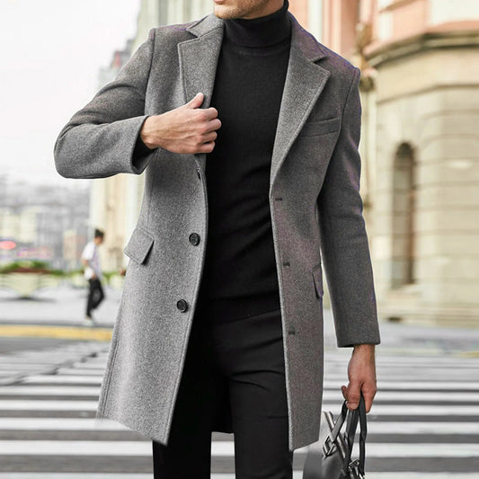 Men's Mid-Length Notched Lapel Overcoat - Fashinoza