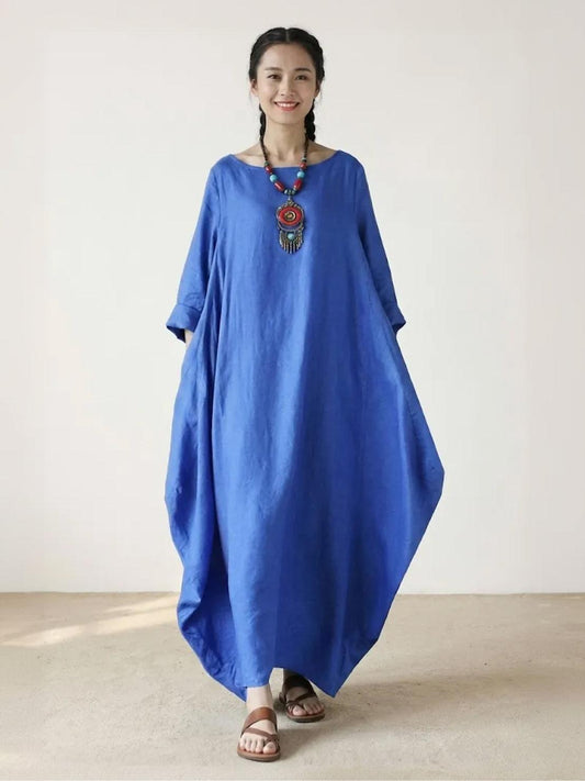 Women's Oversized Maxi Dress 3/4 Sleeves Boho Style - Fashinoza