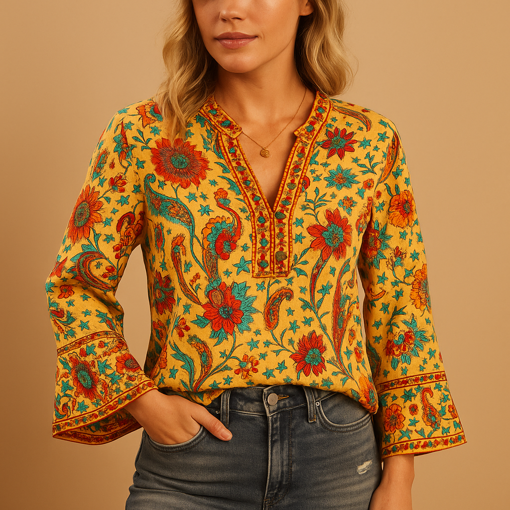 Women's Floral Blouse Flared Sleeves - 
Fashinoza