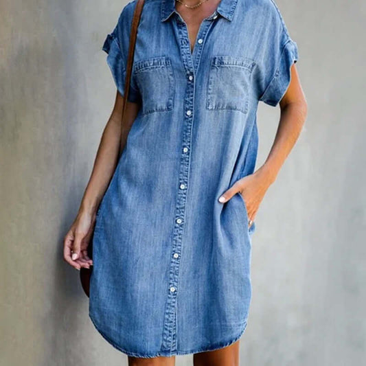 Women's Denim Mini Dress Button-Down Blue - Fashinoza