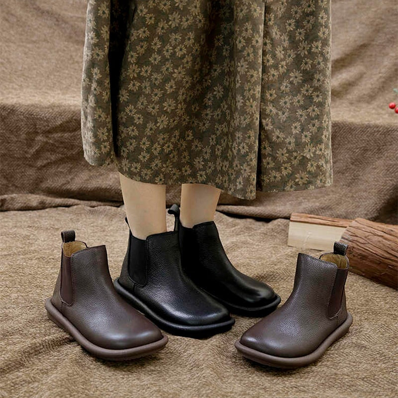 Women's Slip On Boots Comfortable Leather Brown