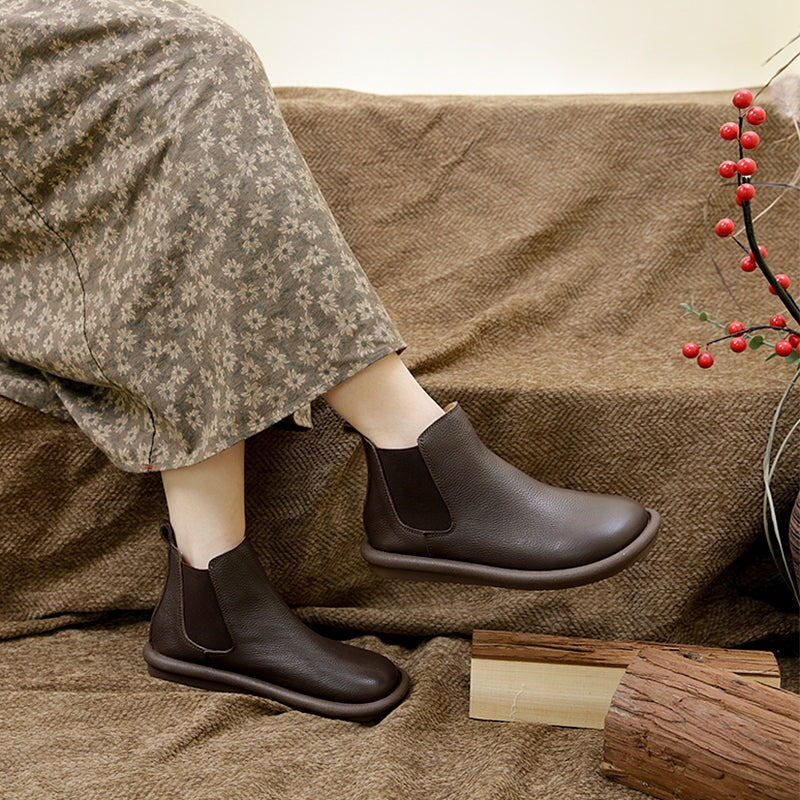 Women's Slip On Boots Comfortable Leather Brown