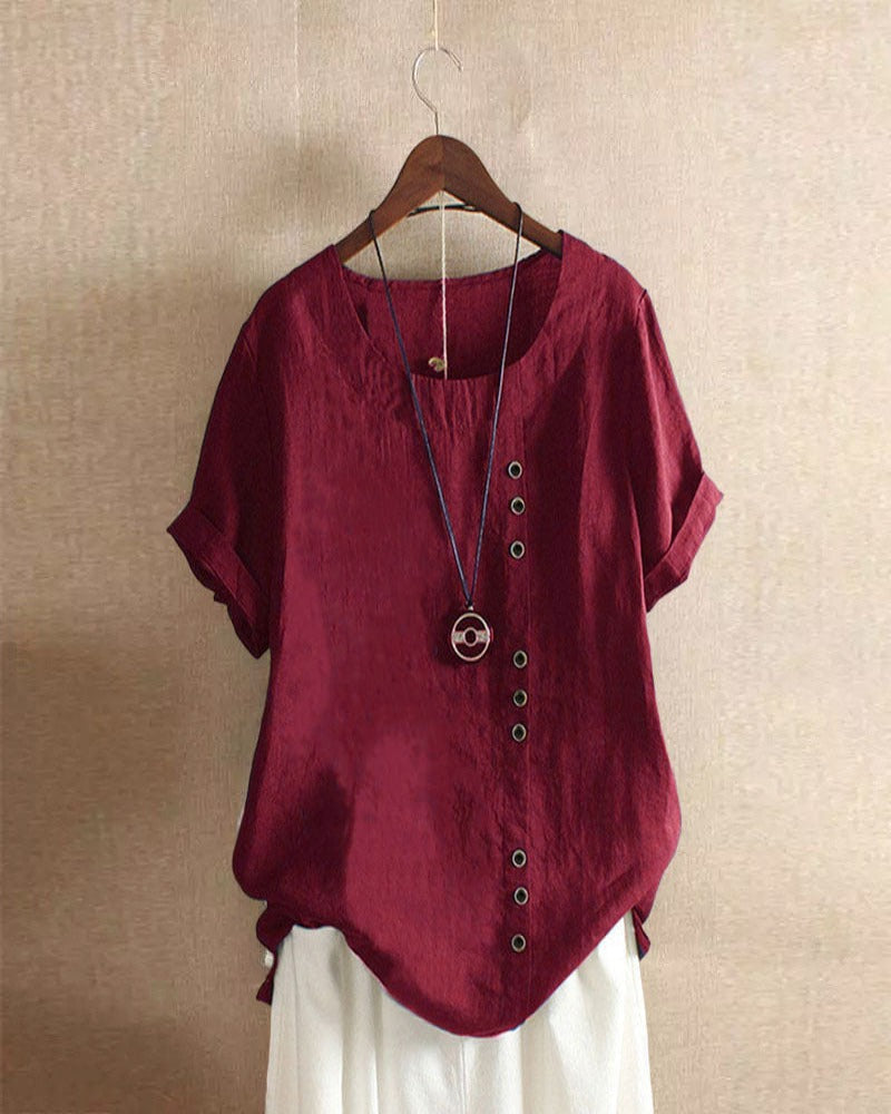 Women's Short Sleeve Blouse Cotton Button Front Rolled Cuffs