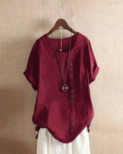 Women's Short Sleeve Blouse Cotton Button Front Rolled Cuffs