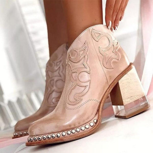 Women's Ankle Boots Block Heel Decorative Stitch - Fashinoza