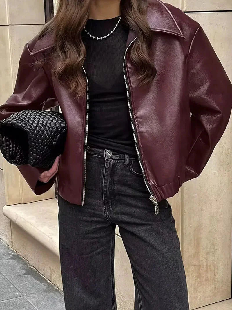 Women's Faux Leather Jacket Burgundy - Fashinoza