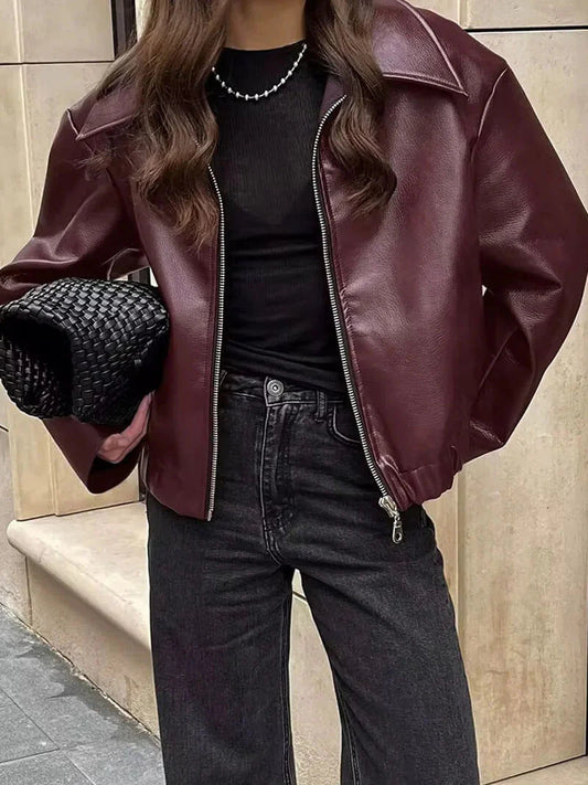Women's Faux Leather Jacket Burgundy - Fashinoza