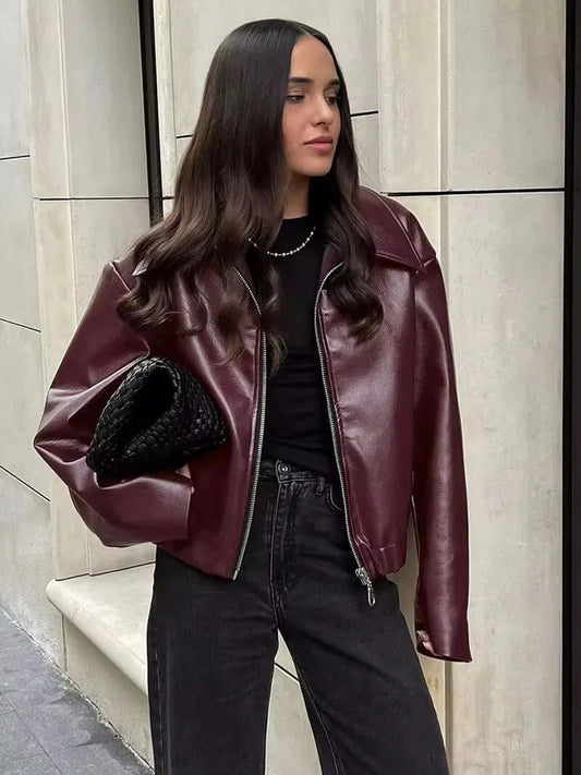 Women's Leather Jacket Zip Closure Hip Length - Fashinoza