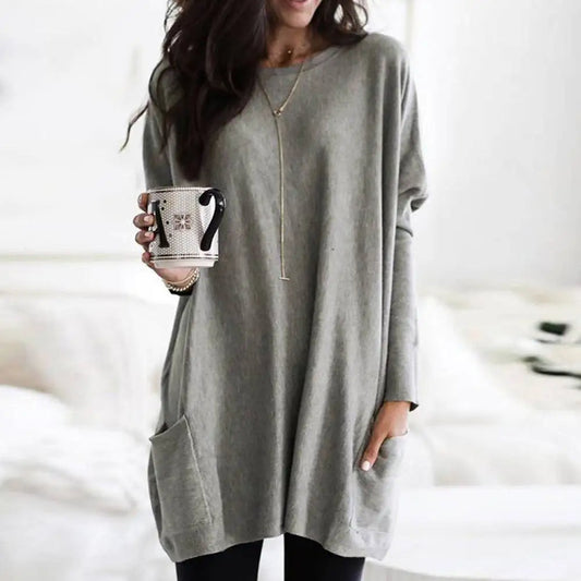 Women's Soft Cotton Blend Crew Neck Sweater Long Sleeve With Pockets - Fashinoza