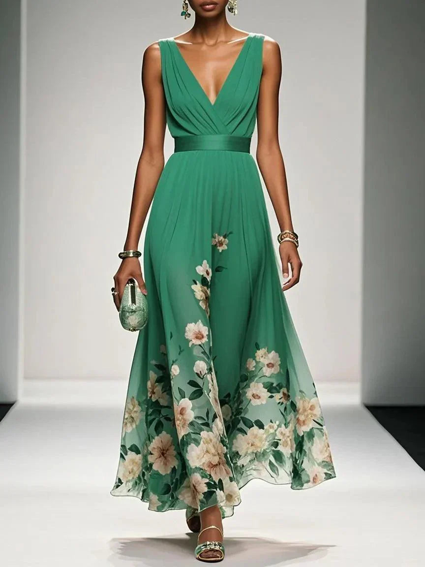 Women's Floral Maxi Dress Sleeveless V-Neck