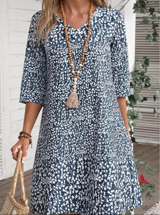 Relaxed Spring Printed V-Neck Midi Dress