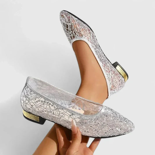 Women's Lace Pointed Toe Flats Low Block Heel - Fashinoza
