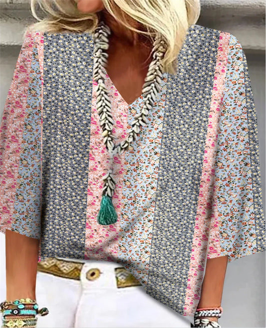 Women's Floral V-Neck 3/4 Sleeve - Fashinoza