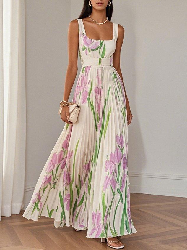 Elinora | Women’s Sleeveless Floral Pleated Maxi Dress