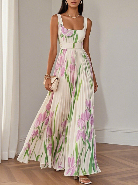 Women's Floral Maxi Dress Square Neckline Wide Straps - 
Fashinoza