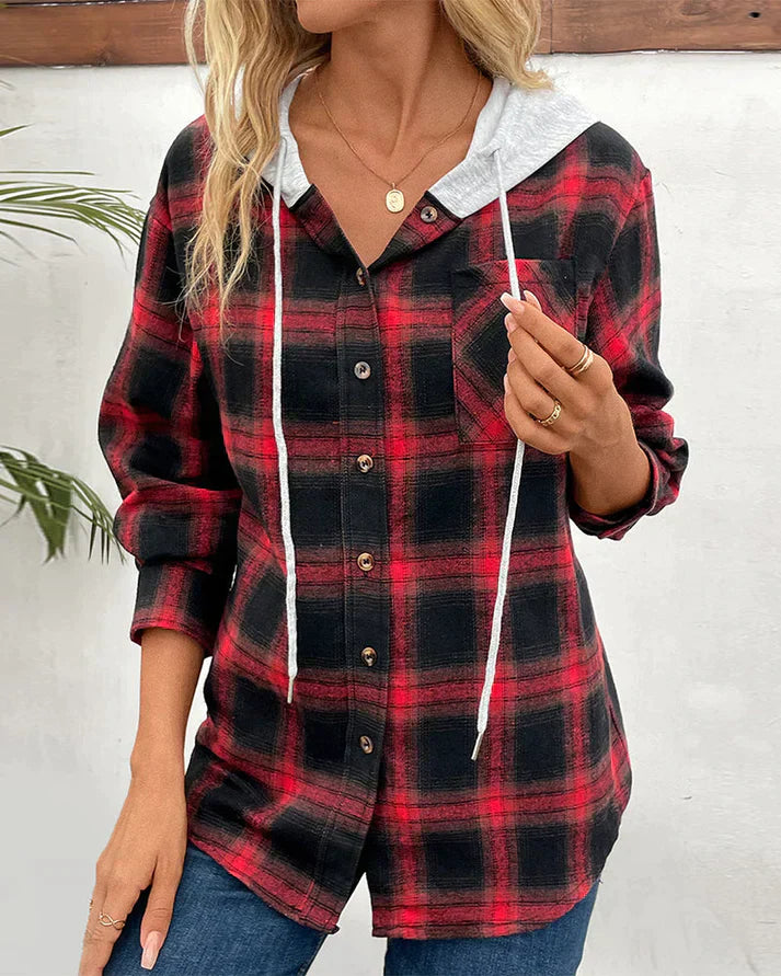 Women's Hooded Checkered Jacket Cozy Fall Outerwear