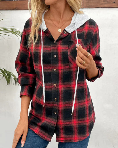 Women's Hooded Checkered Jacket Cozy Fall Outerwear