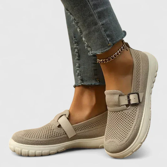 Women's Mesh Slip-On Sneakers Buckle Strap Detail - Fashinoza