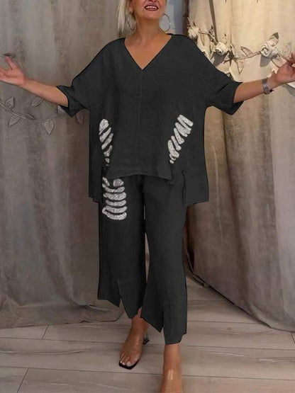 Women's 2 Piece V-Neck And Cropped Pants Set