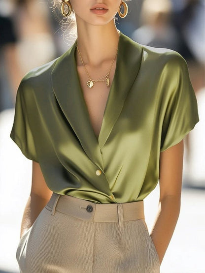 Women's Satin V-Neck Blouse Wrap Front Draped Design
