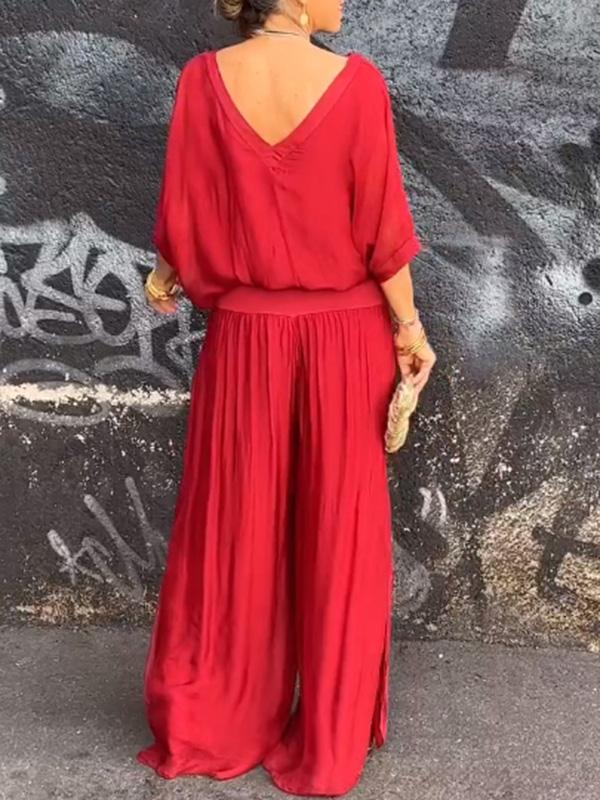 Women's V-Neck Jumpsuit Wide Leg Batwing Sleeve 2 Piece