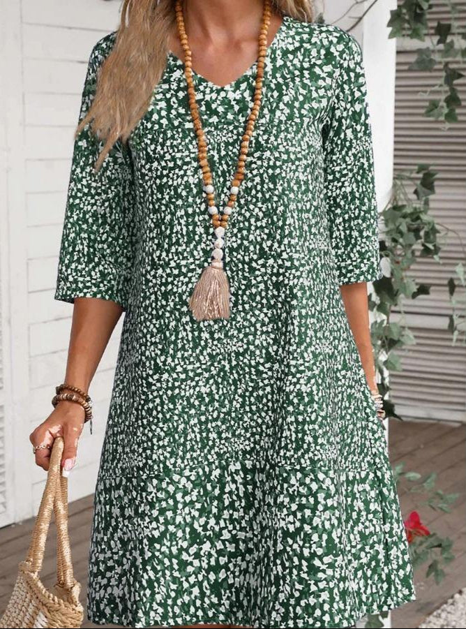 Relaxed Spring Printed V-Neck Midi Dress