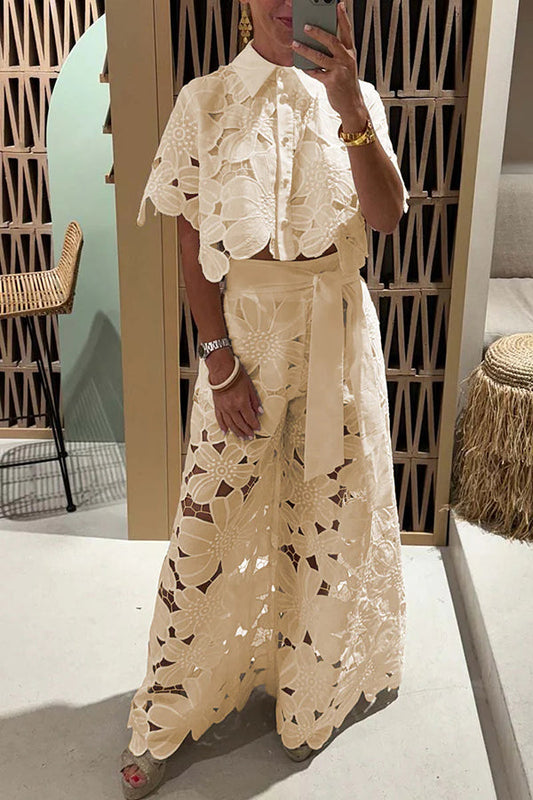 Women's Cropped Two Piece Button Up Set - Fashinoza