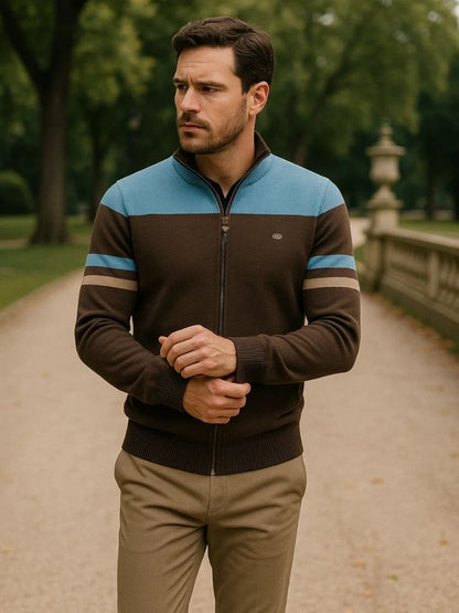 Colorblock Zip-Up Knit Sweater