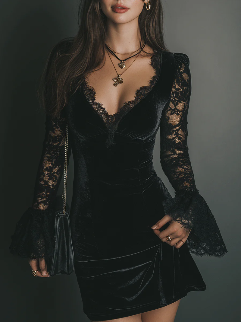 Women's V-Neck Lace Mini Dress - Fashinoza