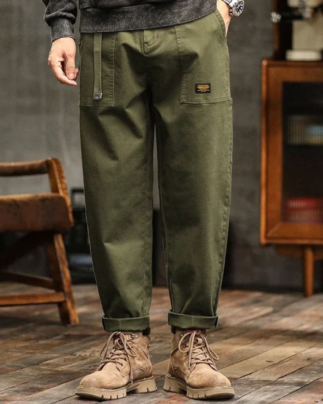 Men's Cargo Pants Cotton Long Belt Loops Khaki