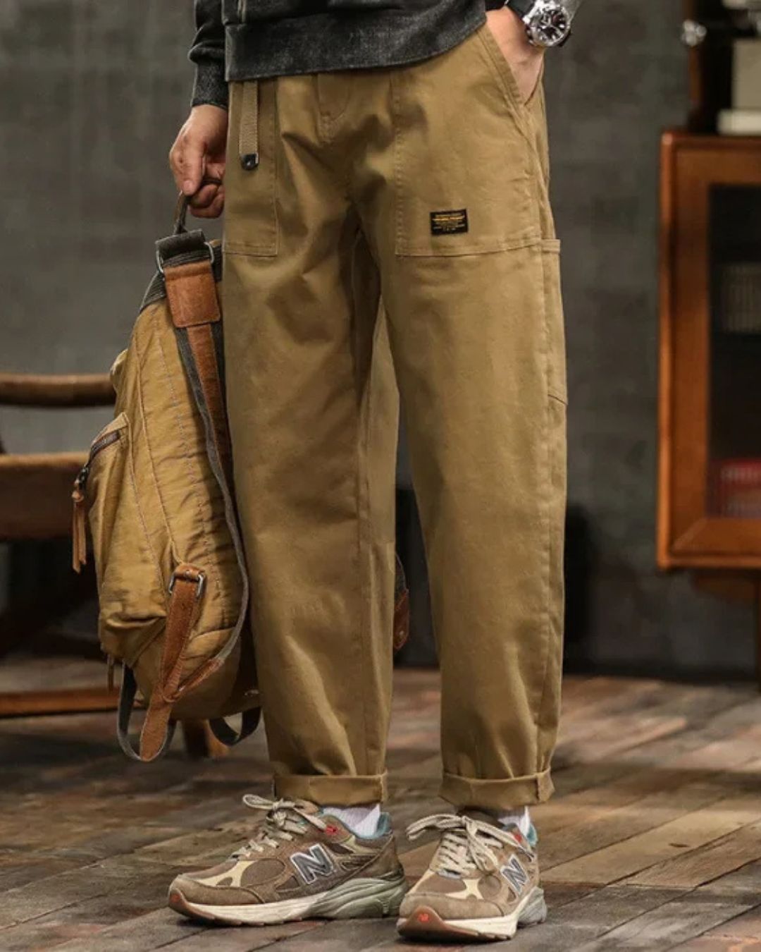 Men's Cargo Pants Cotton Long Belt Loops Khaki