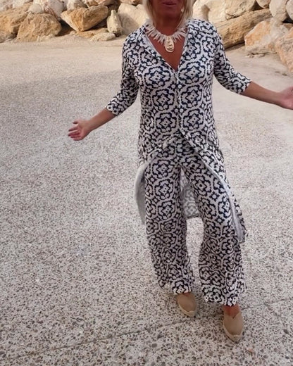 Image of Carolyn | Women's Button-Up Printed Two-Piece Pant Set