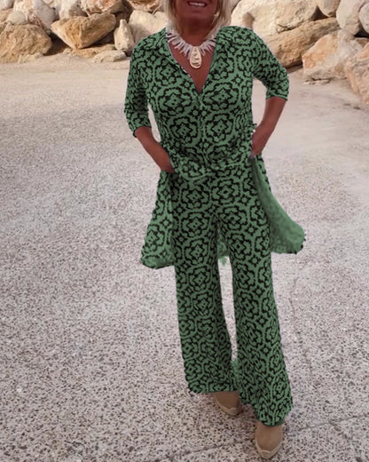 Image of Carolyn | Women's Button-Up Printed Two-Piece Pant Set