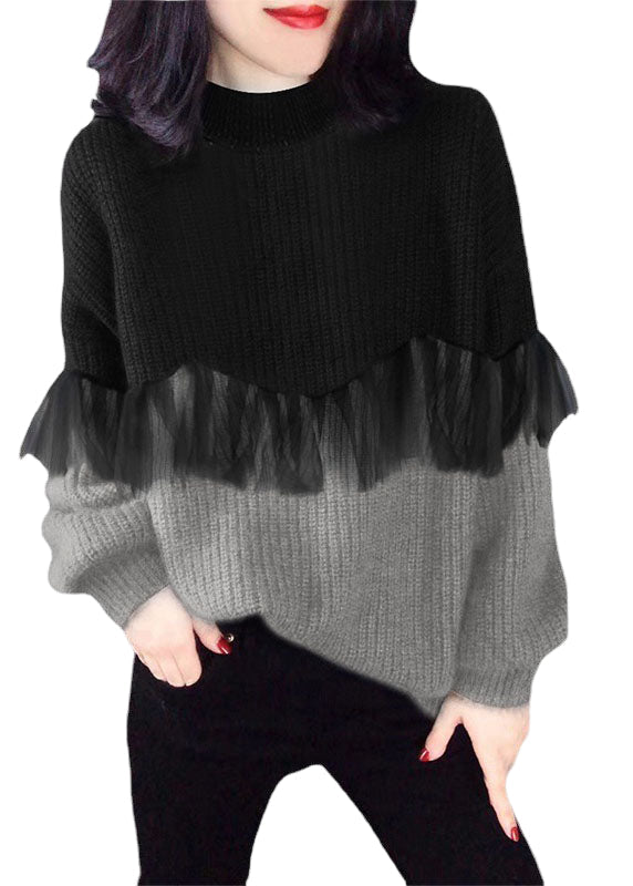 Women's Long Sleeve Sweater Color Block Ruffle Trim - Fashinoza