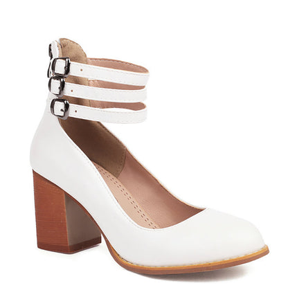 Women's Ankle Strap Sandals Smooth Leather Thick Heel