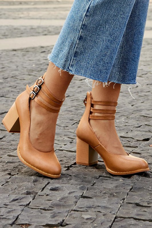 Women's Ankle Strap Sandals Smooth Leather Thick Heel - Fashinoza