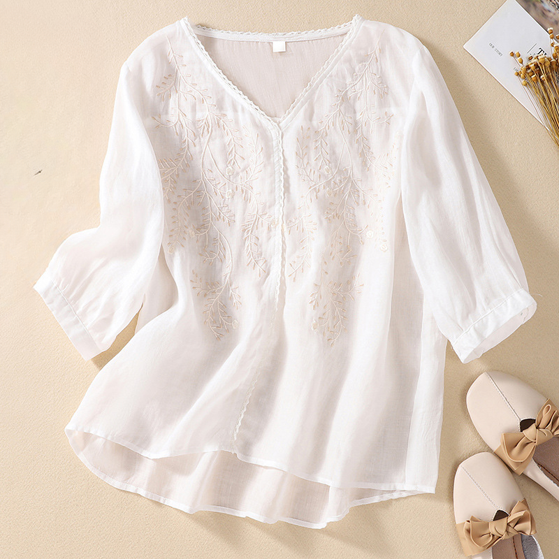 Women's V-Neck Linen Blouse - 
Fashinoza