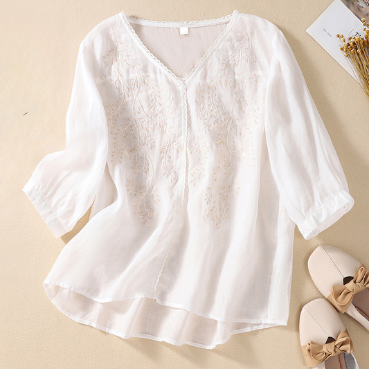 Women's V-Neck Linen Blouse - 
Fashinoza