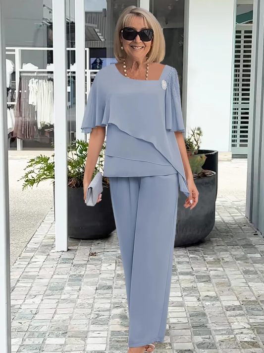 Women's Two Piece Short Sleeve Straight Leg Pants Set - Fashinoza