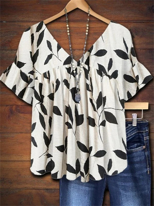 Women's V-Neck Ruffle Blouse Leaf Print Short Sleeve - Fashinoza