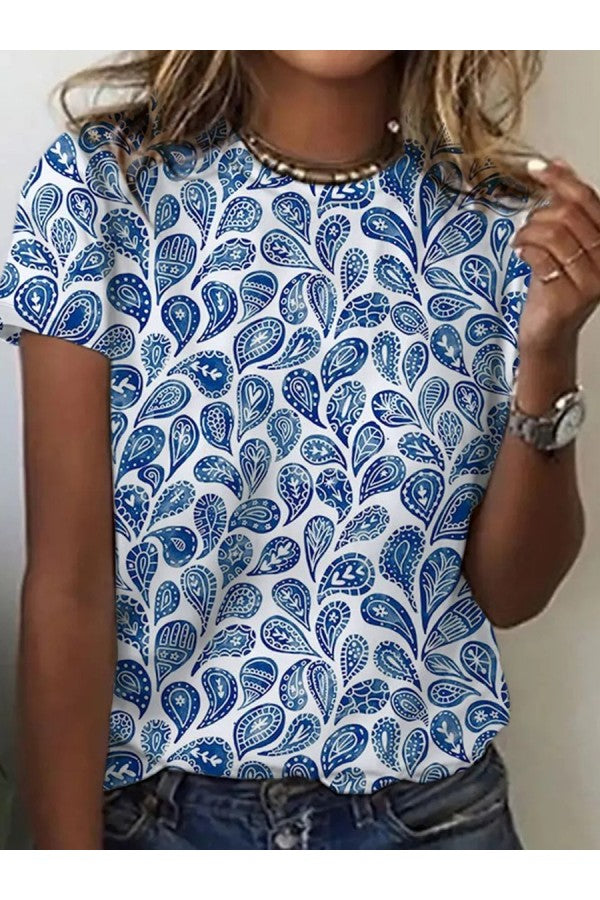 Women's Blue Round Neck T-Shirt Short Sleeves Cotton