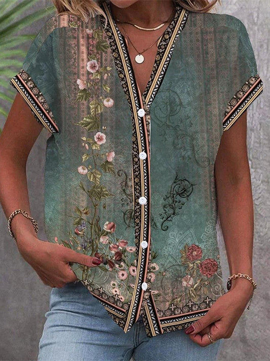 Vera Women's Floral V-Neck Blouse - Fashinoza