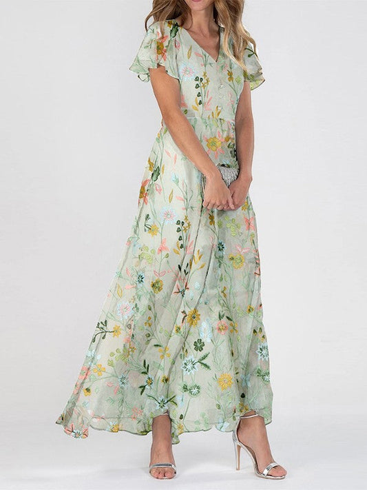Women's Floral Maxi Dress V-Neck Ruffle Sleeves - 
Fashinoza