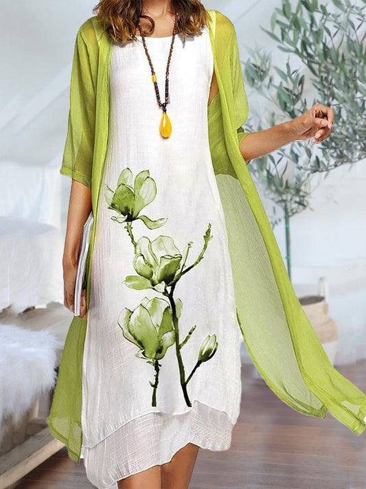 Women's Floral Print Dress Set Sheer Cardigan - Fashinoza