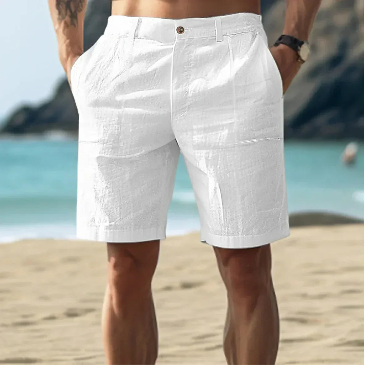 Men's Chino Shorts Mid-Rise Beige - Fashinoza