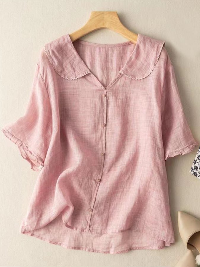 Women's Cotton Linen Short Sleeve Navy Shirt - Fashinoza
