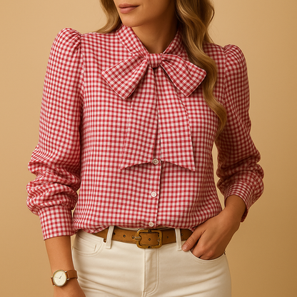 Women's Checked Blouse With Bow Detail - 
Fashinoza