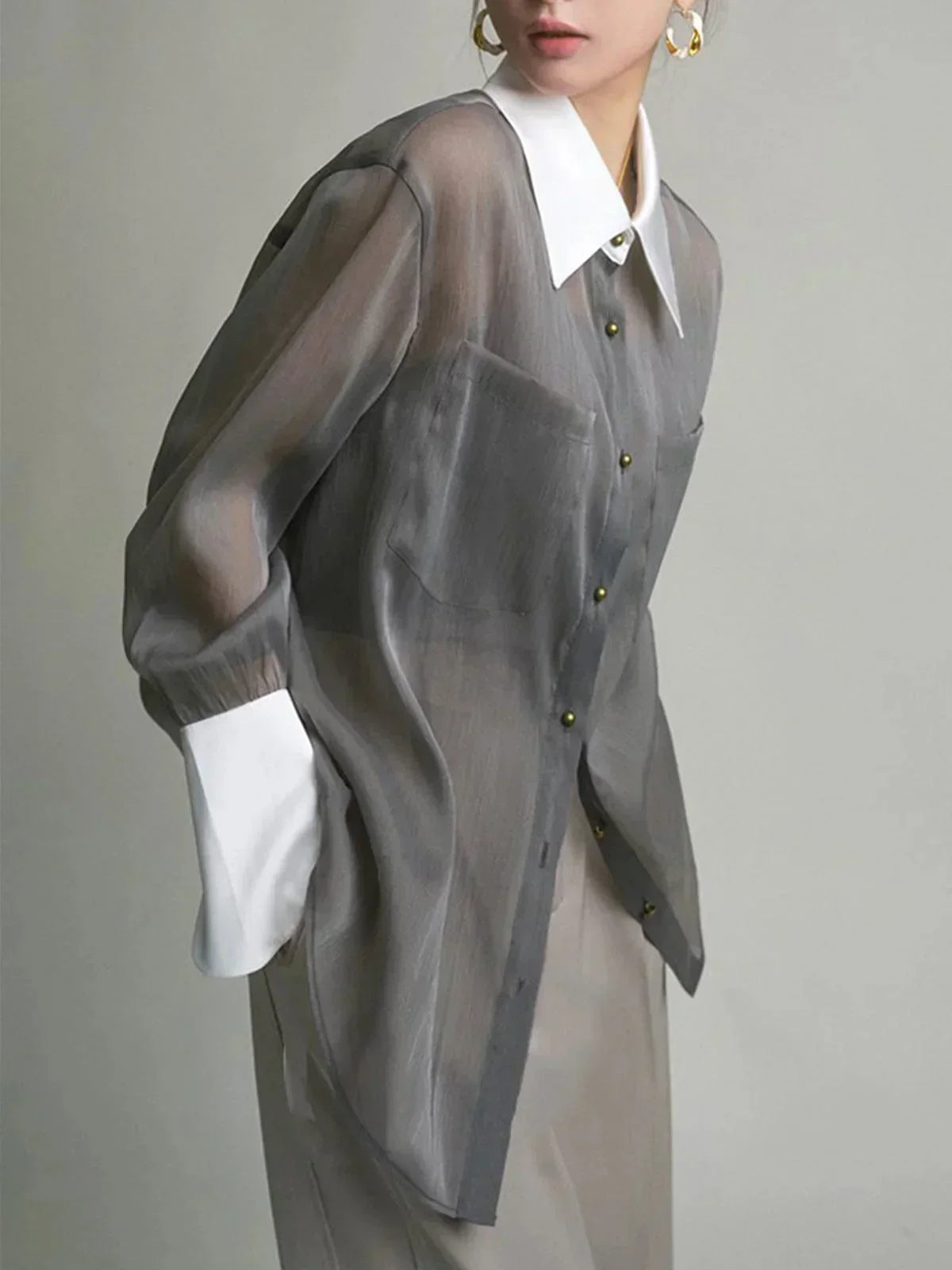 Women's Long Sleeve Sheer Blouse Contrasting Trim - 
Fashinoza