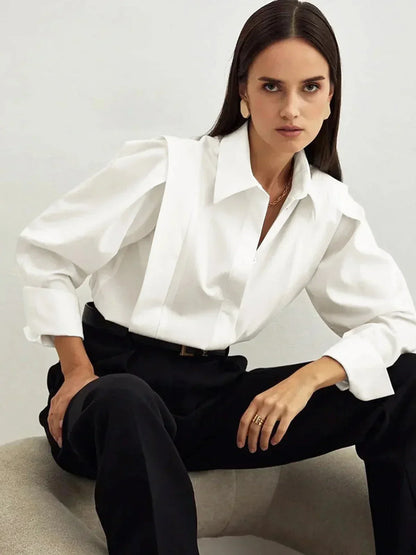 Women's Oversized V-Neck Shirt White - 
Fashinoza